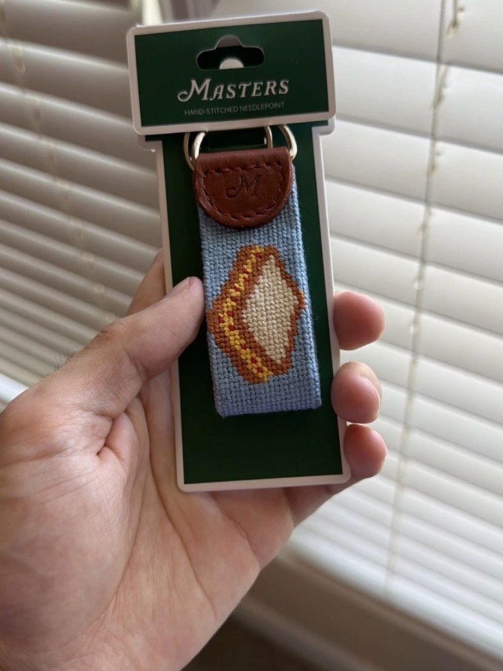 Masters Hand-Stitched Needlepoint Pimento Key Fob - Blue Background